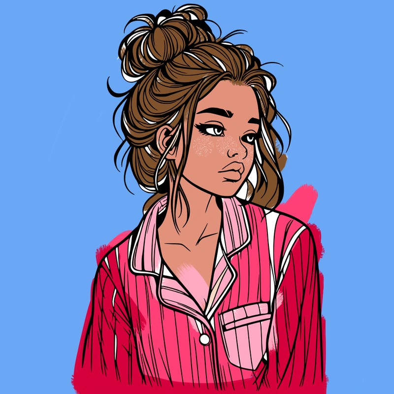 realistic woman with pajamas on and a messy bun