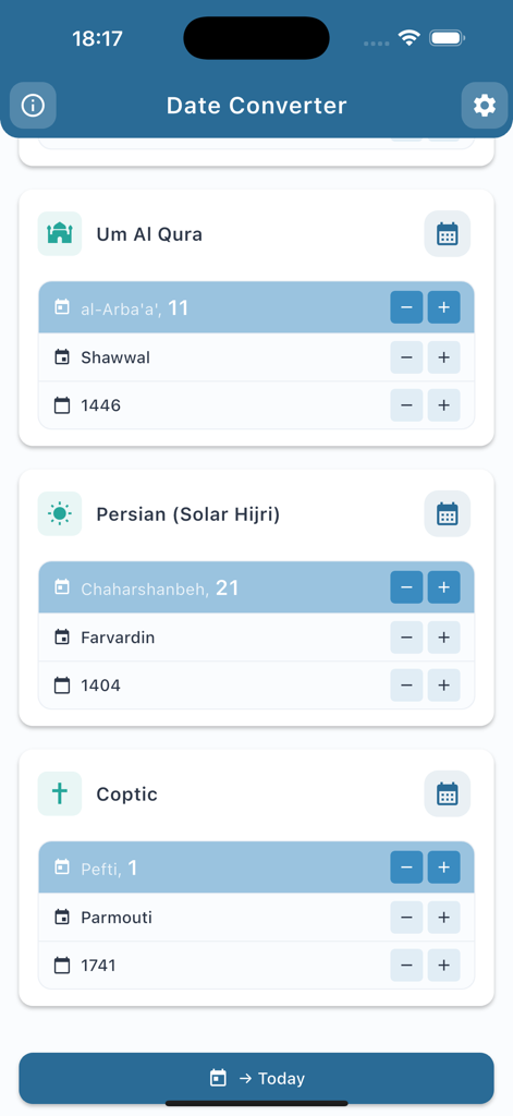 Interfaz de la aplicación Convertidor de Fechas mostrando fechas simultáneas para los calendarios Umm al-Qura, persa y copto