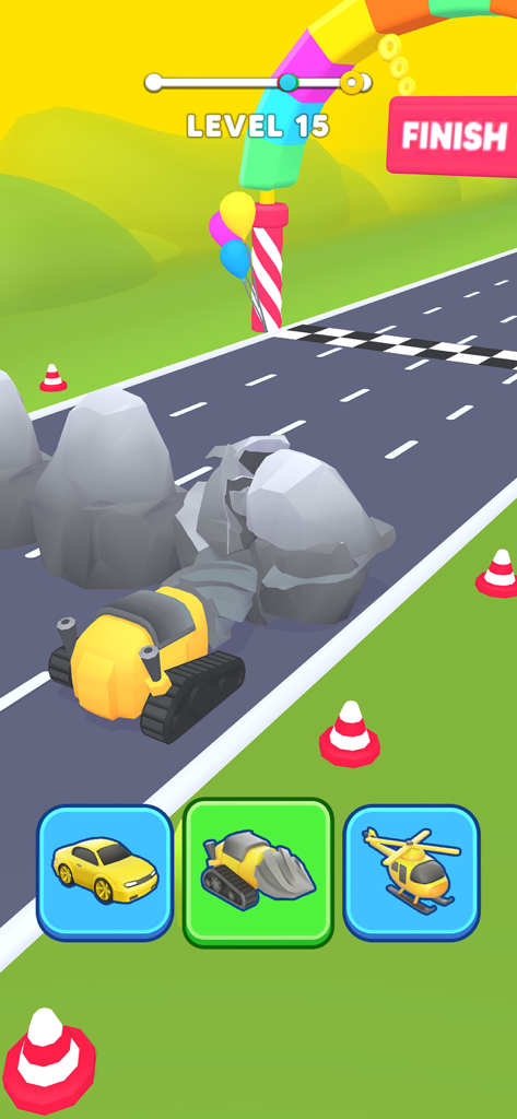 Shape Shifter: Shifting Race - Shape Shifterモバイルゲームのレーストラックで、黄色いドリル車が岩の障害物を破壊している様子