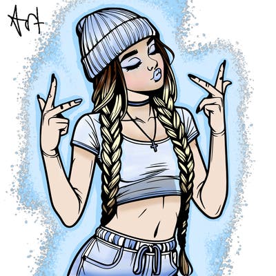 realistic teenage girl with braids and a beanie and crop top doing 🫶🏼