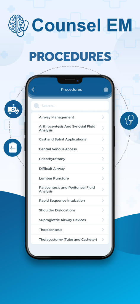 Counsel EM - Interfaz de la aplicación Counsel EM que muestra un menú de procedimientos médicos para medicina de emergencia