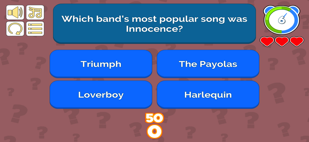 Who Was That - Pantalla de juego de la aplicación de trivia musical ¿Quién Era Esa? mostrando una pregunta de opción múltiple sobre la canción de una banda