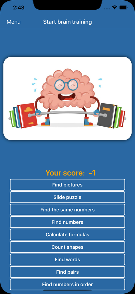 Brain and memory training Pro - L'écran d'accueil de l'application Brain and memory training Pro avec un cerveau de dessin animé soulevant des poids et un menu de jeux cognitifs comme Trouver des images et Puzzle coulissant.