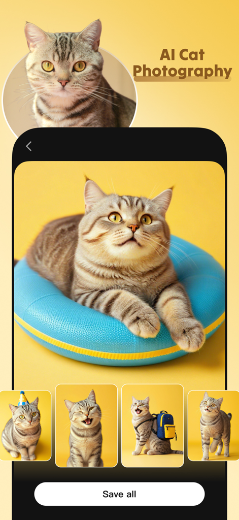 Meow AI app interface showing multiple AI generated cat photos in creative styles