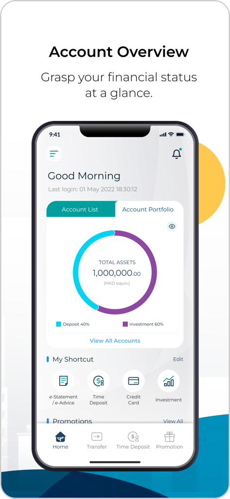 Fubon+ HK - Account overview screen of Fubon+ HK app displaying total assets and financial portfolio.