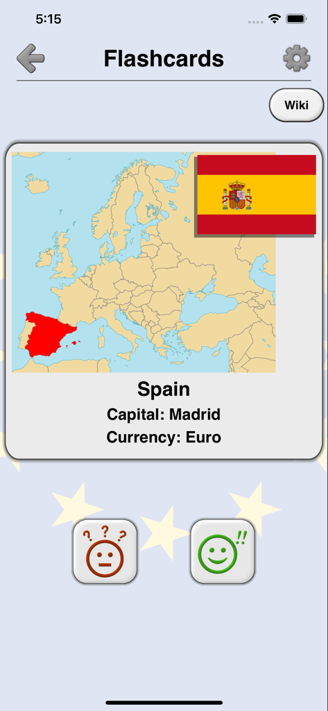 Flashcard mostrando o mapa da Espanha destacado com bandeira, capital Madri e moeda Euro