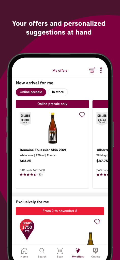 Société des alcools du Québec - SAQ mobile app interface displaying personalized wine recommendations and Inspire loyalty reward points.