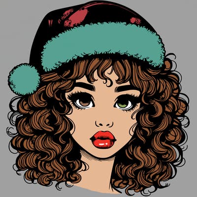 realistic girl with a santa hat curly hair and lips