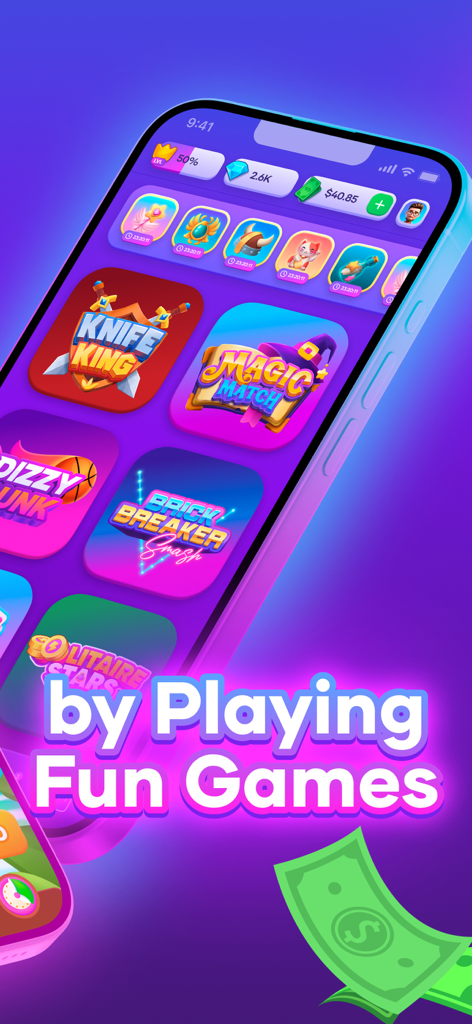 Thrillz mobile app interface showing various arcade games and a real money cash balance.