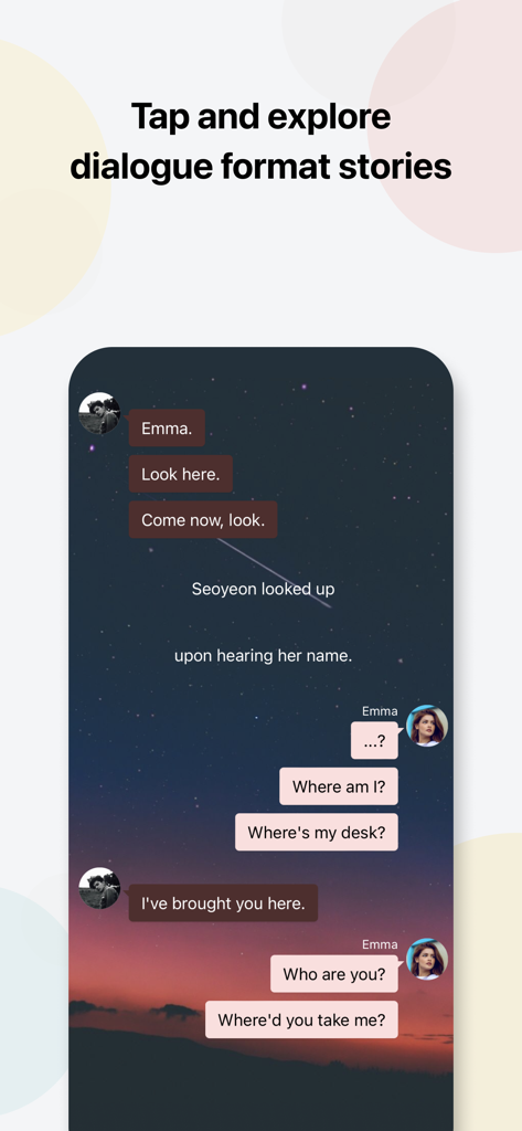 Uma captura de tela de uma história de chat no aplicativo Chatie com bolhas de diálogo e um fundo de pôr do sol.