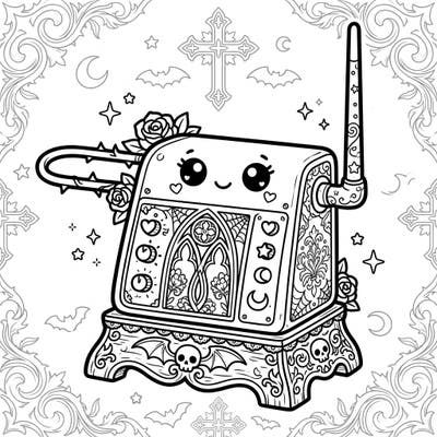 Experience a fusion of adorable and eerie with this Kawaii Gothic Theremin coloring page. This unique design brings together cute aesthetics with dark, intricate details for a truly captivating artistic journey.