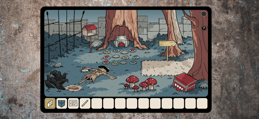 Hidden Memories - A hand-drawn forest clearing with a stone frog puzzle and a scarecrow in the game Hidden Memories.