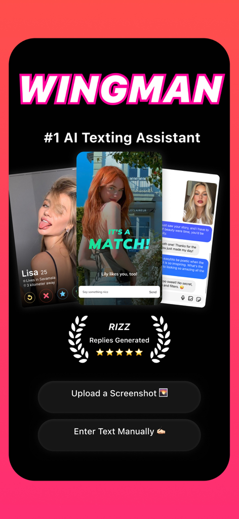 Texting AI - Wingman - Texting AI Wingman app interface showing dating match screens and Rizz replies