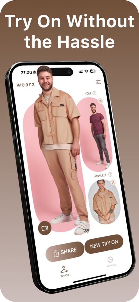 wearz - Wearing outfit & style - A man using the Wearz app to virtually try on a beige two-piece outfit.