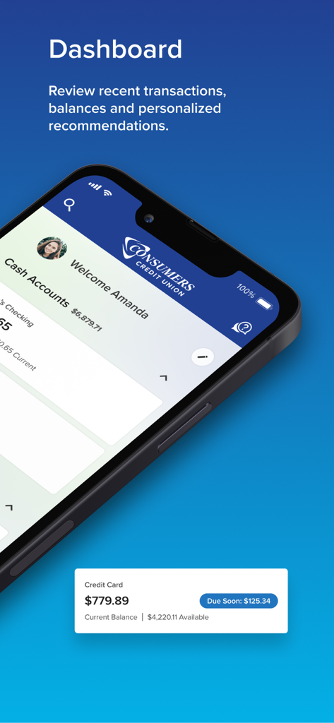 iPhone display showing the Consumers Credit Union mobile app dashboard with account balances and transaction overview.