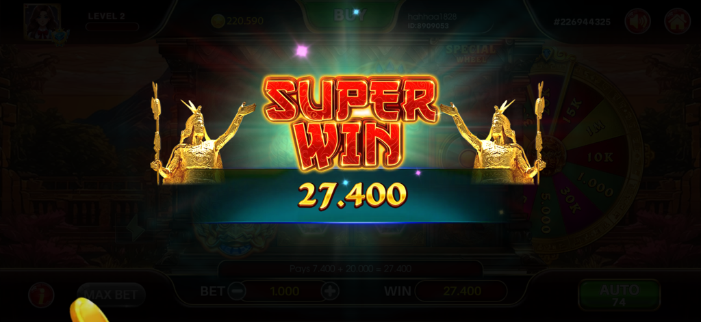 Wild City: Flash Spin - Uma tela de celebração de Super Vitória no jogo de slot Mayan Empire com estátuas douradas e um grande prêmio em fichas