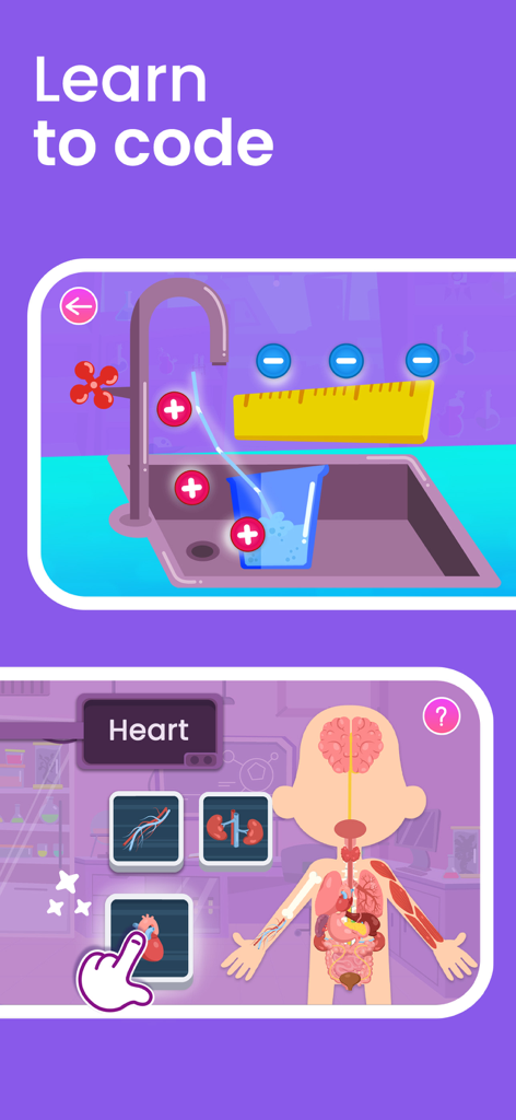 Smart Tales ® Learning Games - Smart Tales app screenshots showing coding logic games and interactive human body anatomy lessons for children