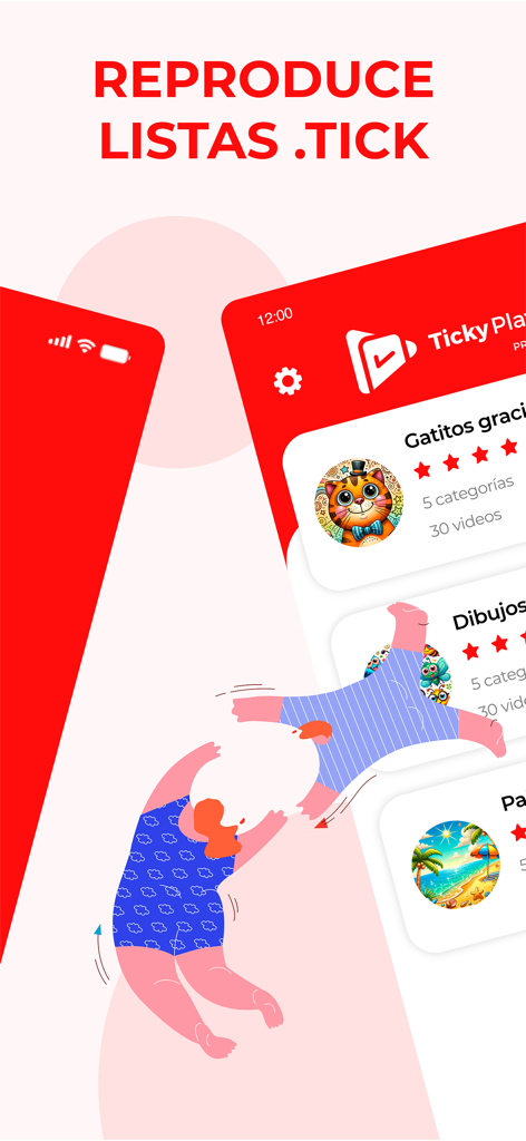 Interface of Ticky Player app displaying options to play .tick format video lists and categories