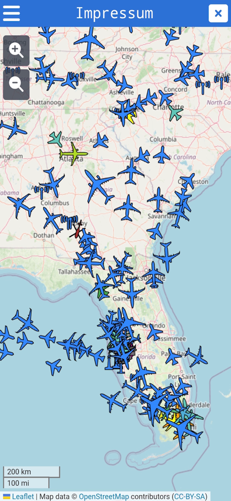 Radar Map - Real time radar map showing color coded aircraft positions and flight activity over the southeastern United States
