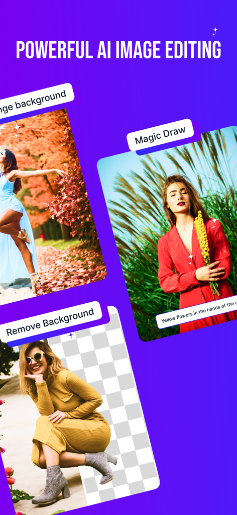 Magic Studio - AI Photo Editor - Vetrina delle funzionalità di editing fotografico AI di Magic Studio, inclusa la rimozione dello sfondo e Magic Draw