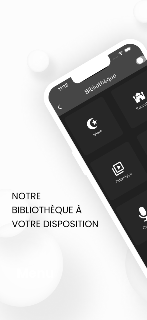 Asfiyahi TV | FM | Actu - Smartphone screen showing the Asfiyahi app library with categories for Islam and Tidjaniyya