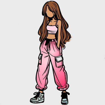 girl in baggy pants crop top and long hair