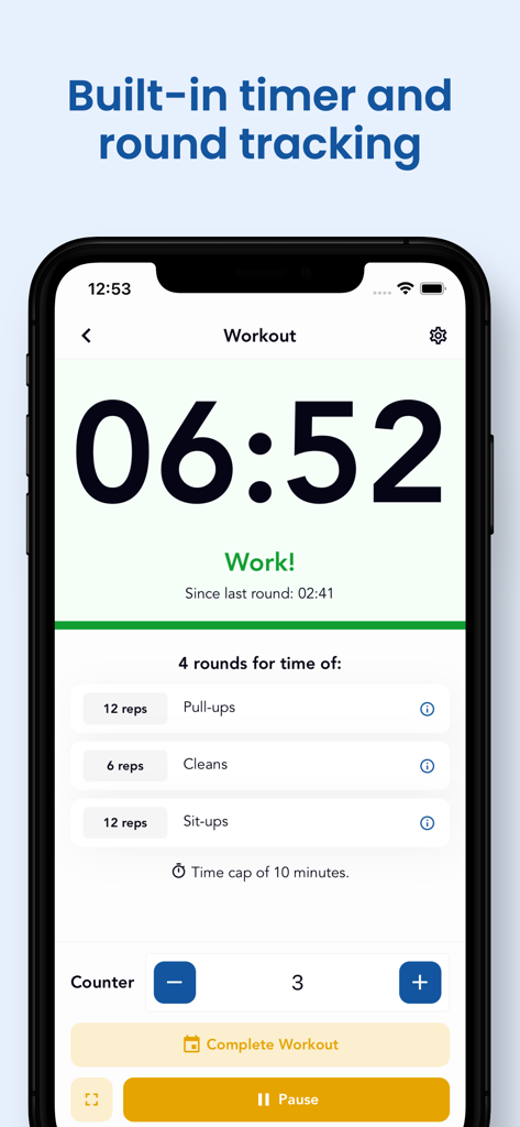 The WOD Generator: Workout - The WOD Generator app screen showing the built-in workout timer and round tracking features.