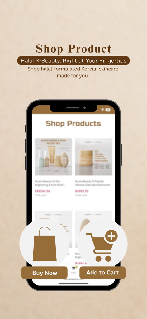 Nuuha app shop screen featuring Halal K-Beauty products