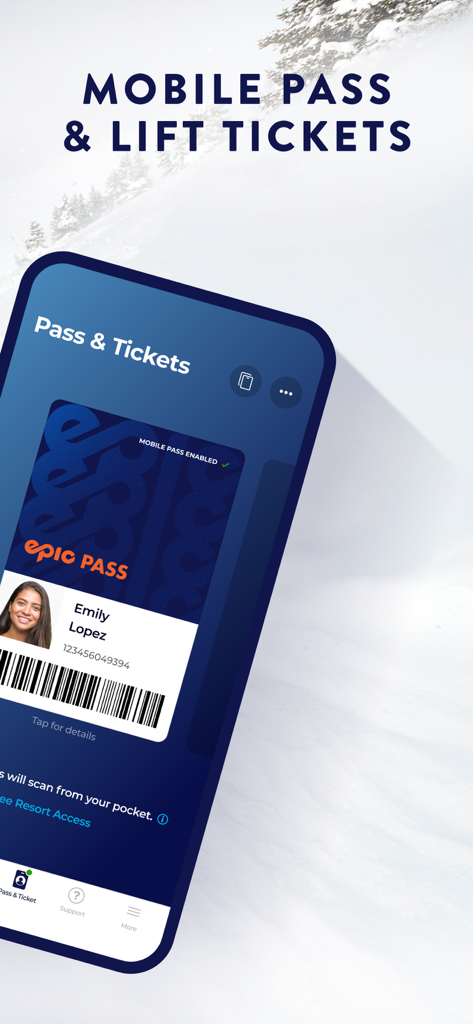 My Epic: Skiing & Snowboarding - My Epic app displaying a digital ski pass for hands free mountain lift access