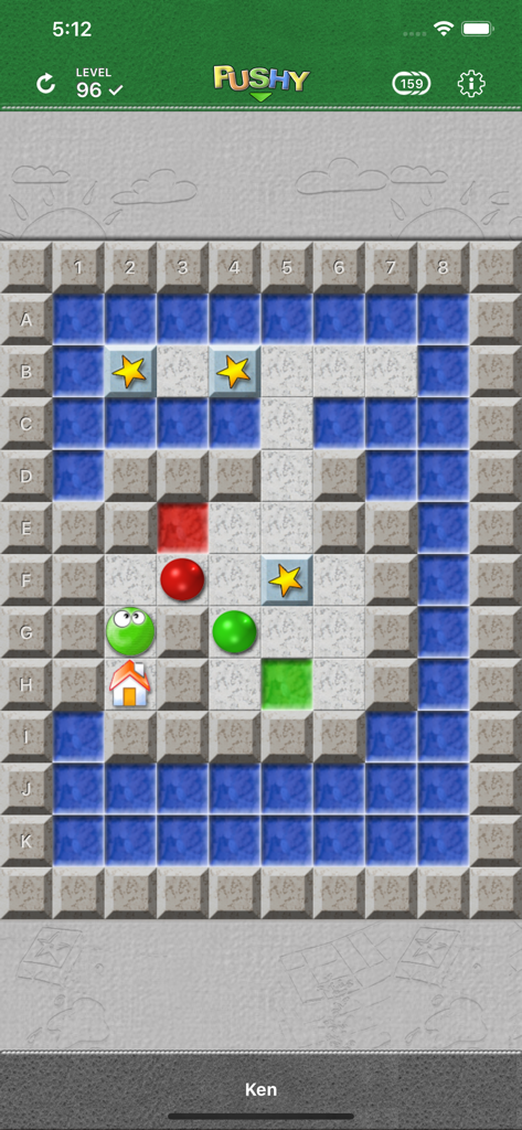 PUSHY - The Original - Gameplay-Screenshot von Pushy The Original, der ein gitterbasiertes Logik-Puzzle mit einer Figur, farbigen Kugeln und Hindernissen zeigt