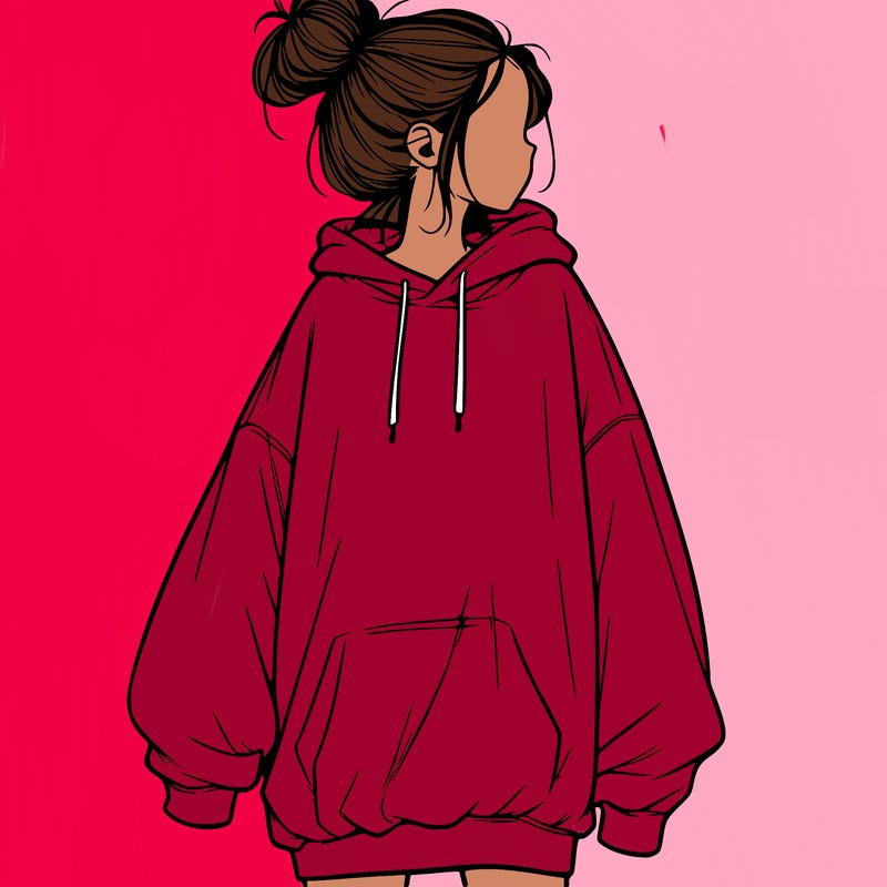 realistic girl with a oversized sweatshirt on and a bun
