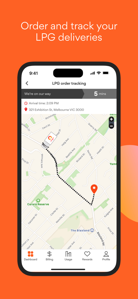 Origin Energy mobile app interface showing real time LPG gas delivery tracking on a map