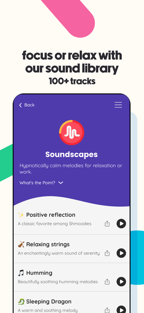 Shmoodyアプリのインターフェース。集中とリラクゼーションのためのトラックを備えたサウンドライブラリを特集しています。
