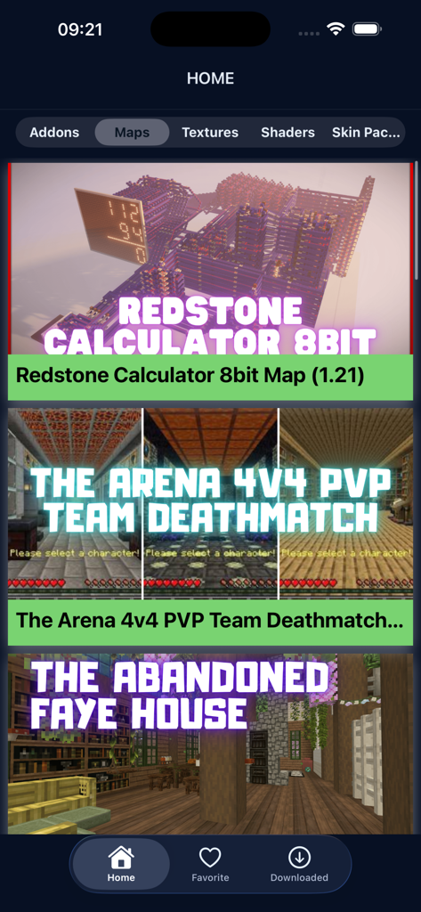 The home screen of the Addons Mods for MCPE app displaying a list of downloadable Minecraft maps including a Redstone calculator and PVP arena.