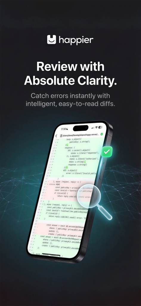 Happier: Claude Codex OpenCode - Screenshot of the Happier app displaying a clear code diff review on an iPhone screen with a magnifying glass icon highlighting details