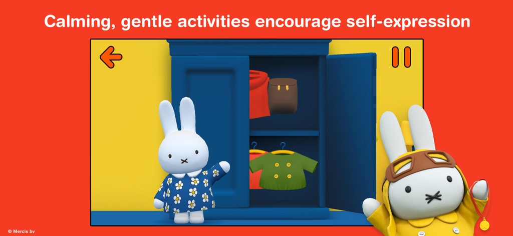 미취학 아동을 위한 부드러운 활동에서 미피가 파란색 옷장에서 옷을 고르고 있습니다.