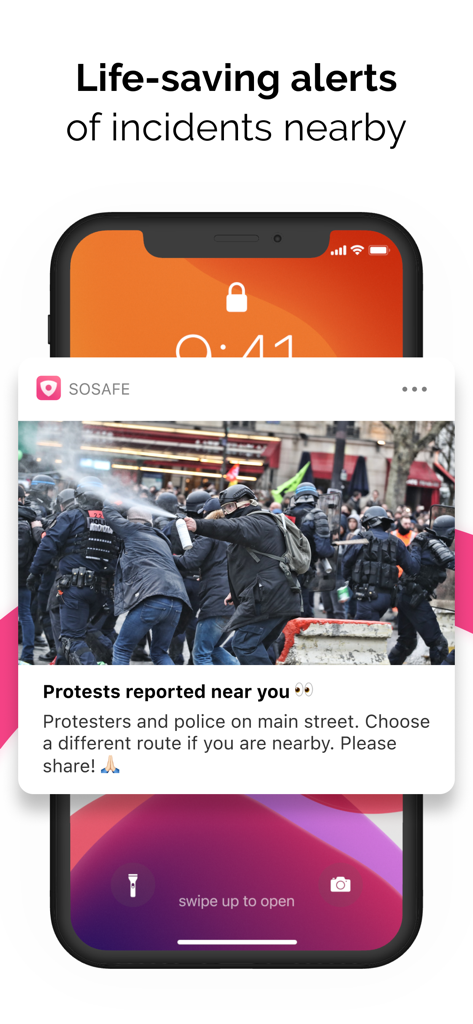 SOSAFE - City Social Network - SOSAFE app notification on a smartphone lock screen showing a real-time alert for local protests