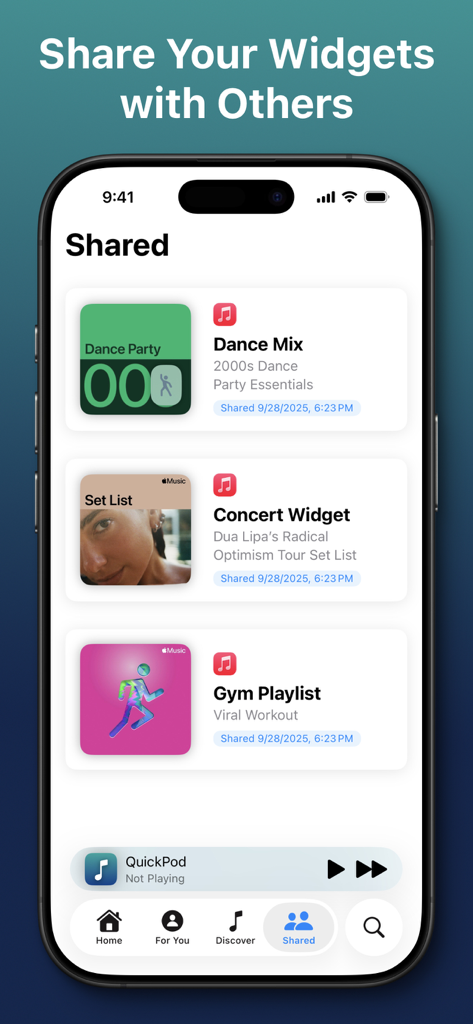 QuickPod - Music Widgets - QuickPod app interface displaying a list of shared music widgets including Dance Mix and Gym Playlist.
