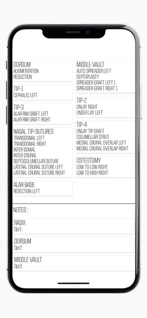 Rhino Smart - Digital surgical procedure sheet for rhinoplasty documentation in the Rhino Smart app.