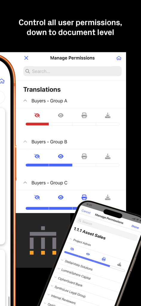 Interface do aplicativo Datasite para gerenciar permissões de usuário em nível de documento para transações de M&A