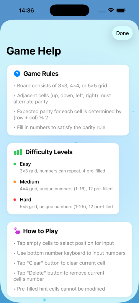Parity Puzzle - Game Help screen for Parity Puzzle explaining rules difficulty levels and how to play