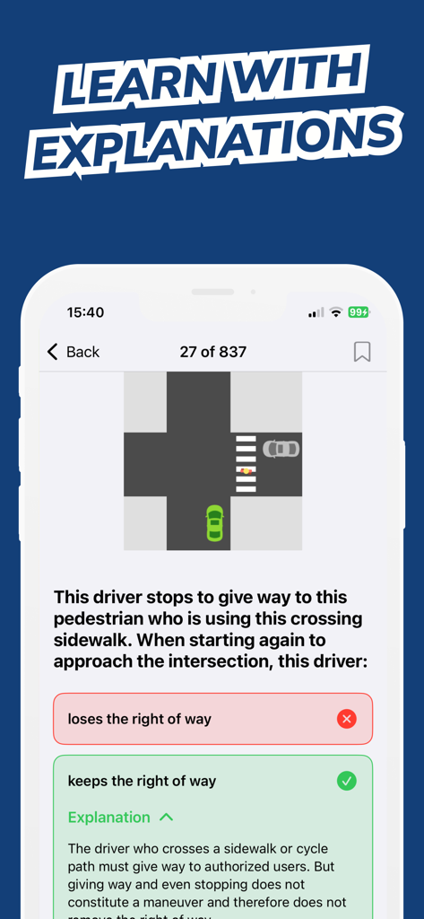 Permis Online - Screenshot of the Permis Online app showing a practice driving theory question with a detailed explanation for the correct answer
