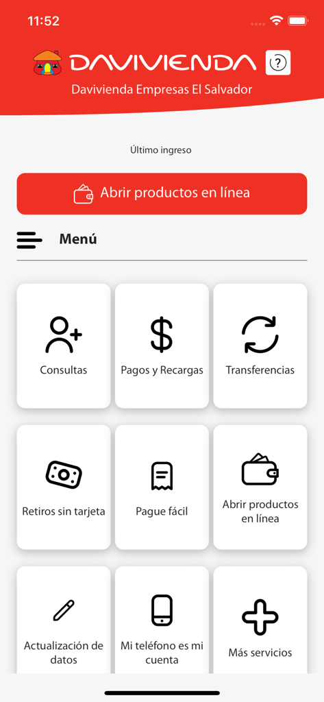 Pyme Davivienda - Menu principal do aplicativo Pyme Davivienda mostrando opções para transferências e pagamentos bancários empresariais