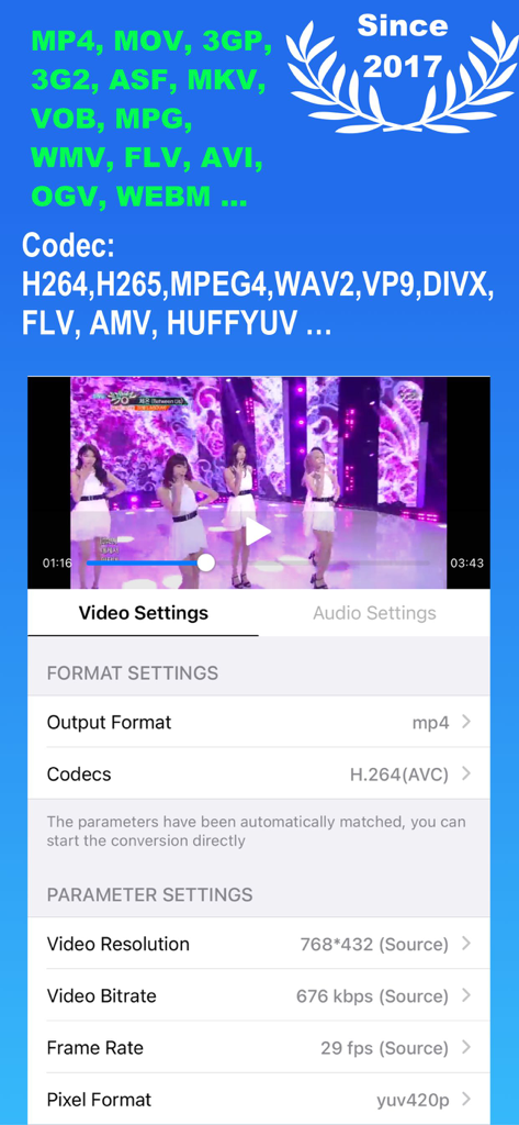 Media Converter - video to mp3 - Interfaccia delle impostazioni video dell'app mobile Media Converter che mostra le impostazioni del formato video e le opzioni di regolazione del codec.