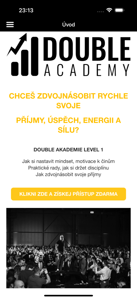 Double academy - Double Academy mobile app home screen with promotional text about doubling income and mindset
