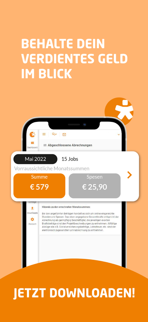easystaff App - Easystaff mobile app interface showing a monthly earnings dashboard with total income and expenses