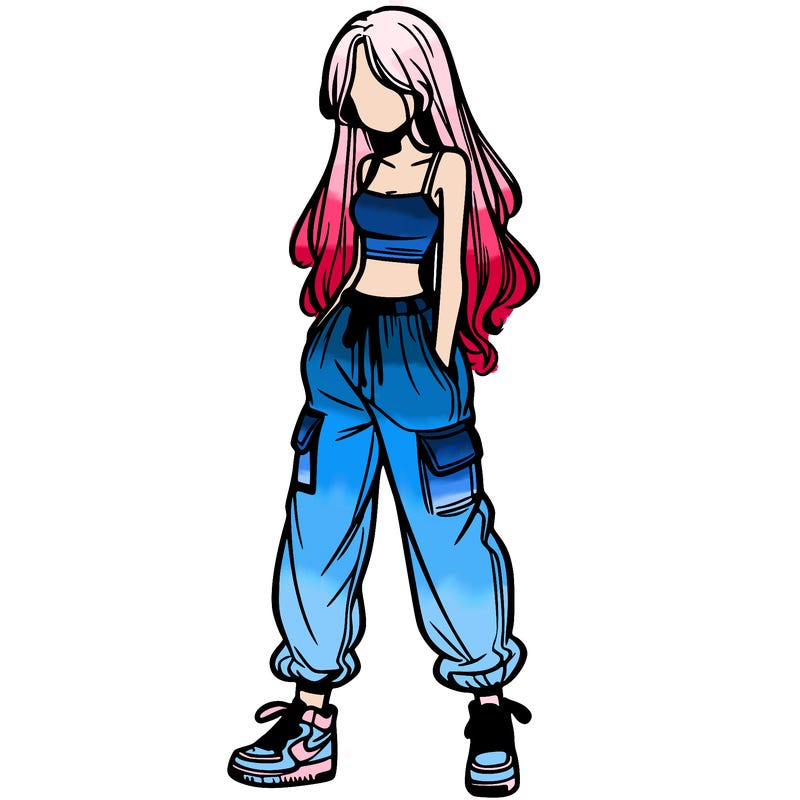 girl in baggy pants crop top and long hair