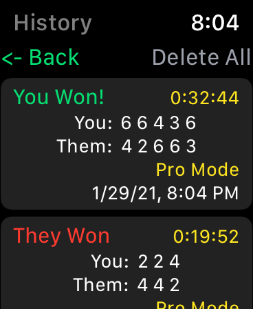 Tennis - Score Keeper - Tennis match history screen on Apple Watch showing past match results and scores