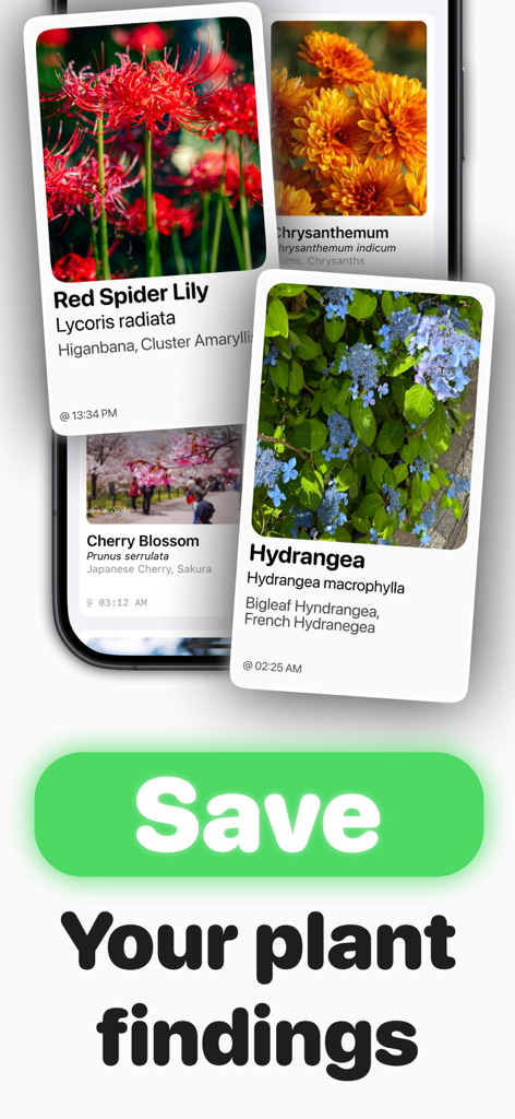 Una pantalla de aplicación móvil que muestra una colección de plantas identificadas, incluyendo Hortensia y Lirio Araña Roja, con un botón para guardar los hallazgos.
