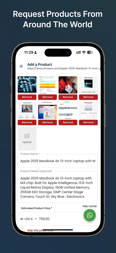 Shpper - Shpper app screen showing a product request for an Apple MacBook Air with price and description